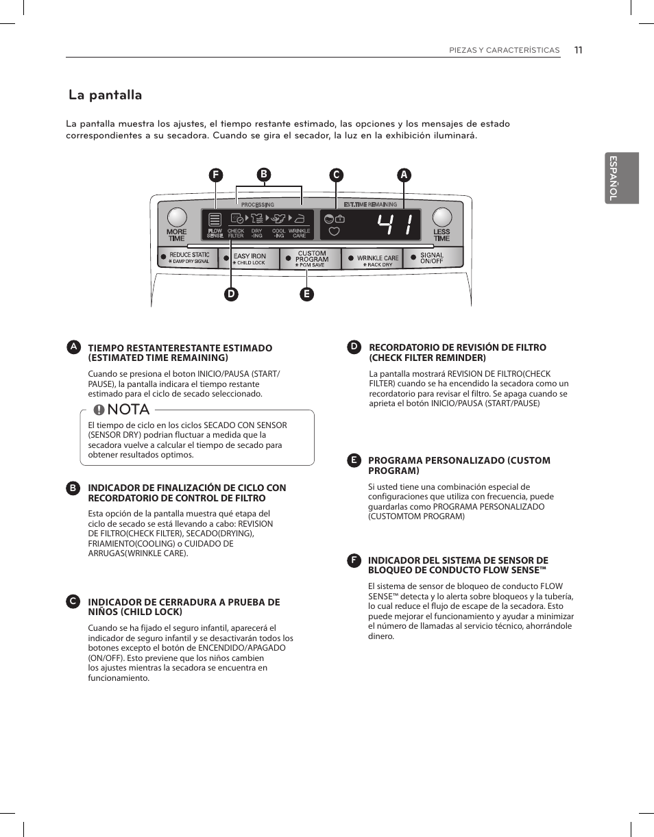 Nota, La pantalla | LG DLEX3650V User Manual | Page 57 / 96