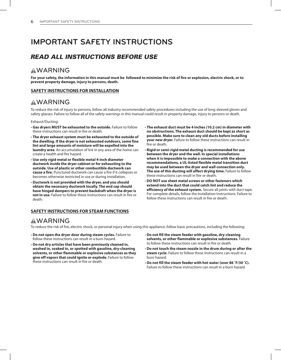 Important safety instructions, Warning, Read all instructions before use w | LG DLEX3650V User Manual | Page 6 / 96