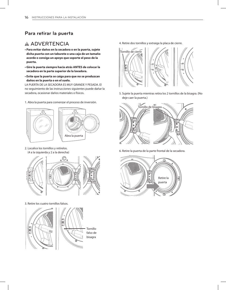 Advertencia, Para retirar la puerta | LG DLEX3650V User Manual | Page 62 / 96