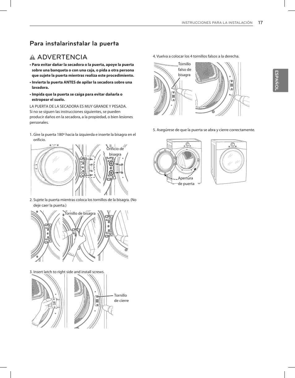 Advertencia, Para instalarinstalar la puerta | LG DLEX3650V User Manual | Page 63 / 96
