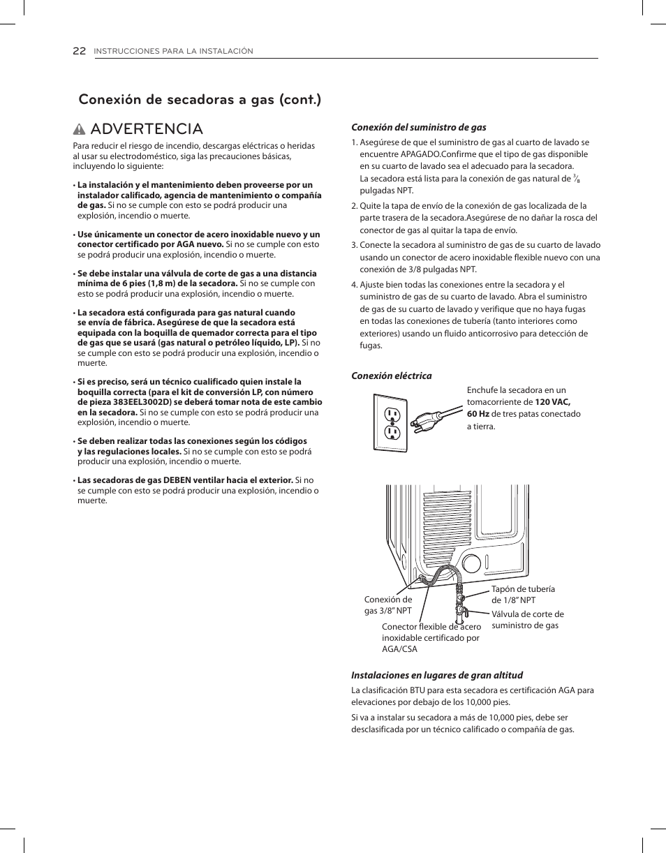 Advertencia, Conexión de secadoras a gas (cont.) | LG DLEX3650V User Manual | Page 68 / 96
