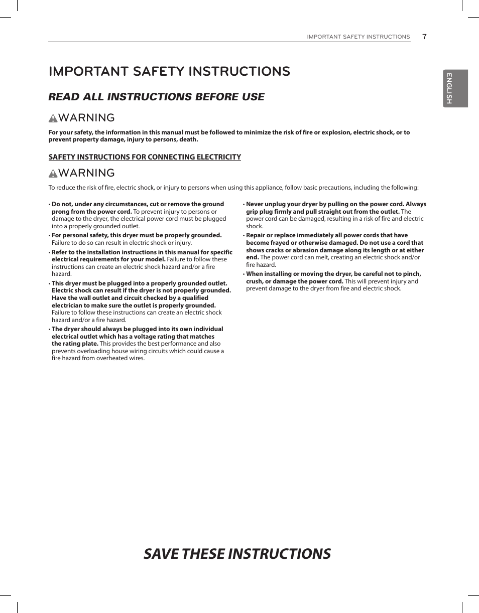 Save these instructions, Important safety instructions, Warning | Read all instructions before use w | LG DLEX3650V User Manual | Page 7 / 96