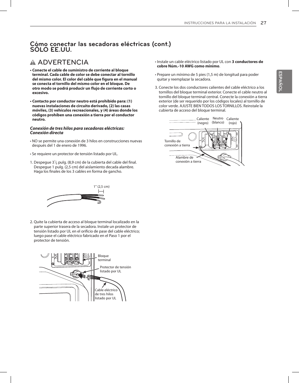 Advertencia | LG DLEX3650V User Manual | Page 73 / 96