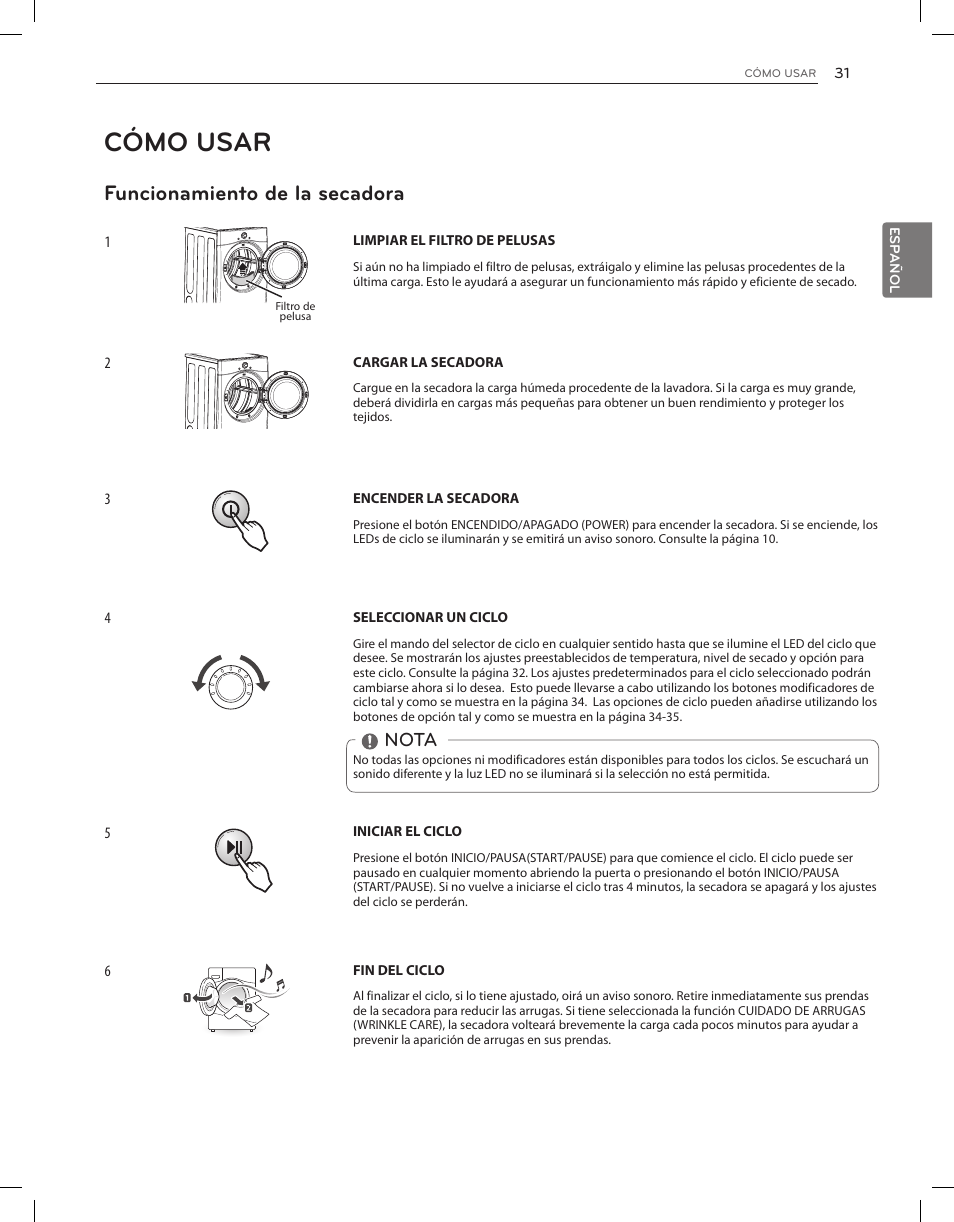 Cómo usar, Funcionamiento de la secadora, Nota | LG DLEX3650V User Manual | Page 77 / 96