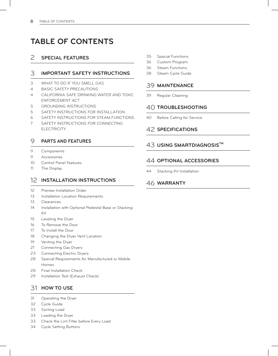 LG DLEX3650V User Manual | Page 8 / 96