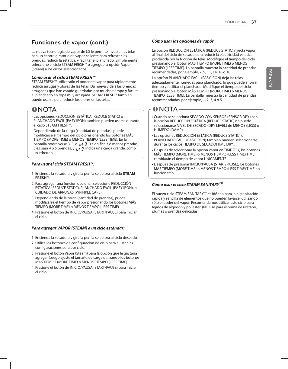 Nota, Funciones de vapor (cont.) | LG DLEX3650V User Manual | Page 83 / 96