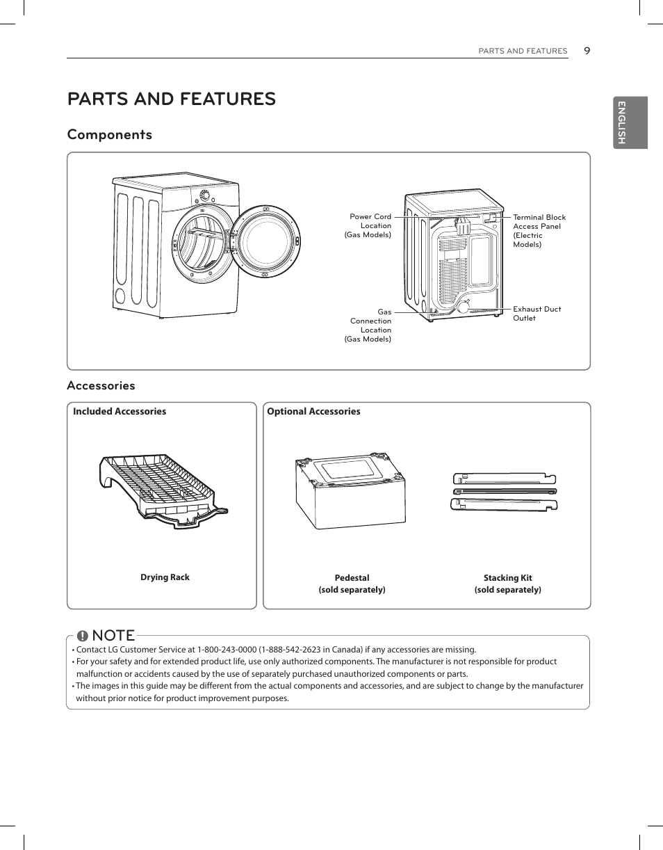 Parts and features, Components, Accessories | LG DLEX3650V User Manual | Page 9 / 96