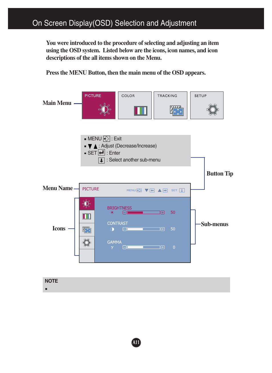 On screen display(osd) selection and adjustment | LG W1942TQ-BF User Manual | Page 12 / 25