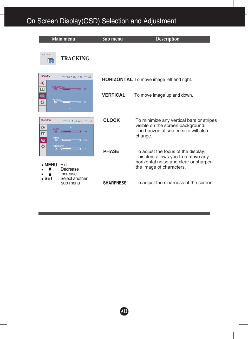 Tracking, On screen display(osd) selection and adjustment | LG W1942TQ-BF User Manual | Page 14 / 25