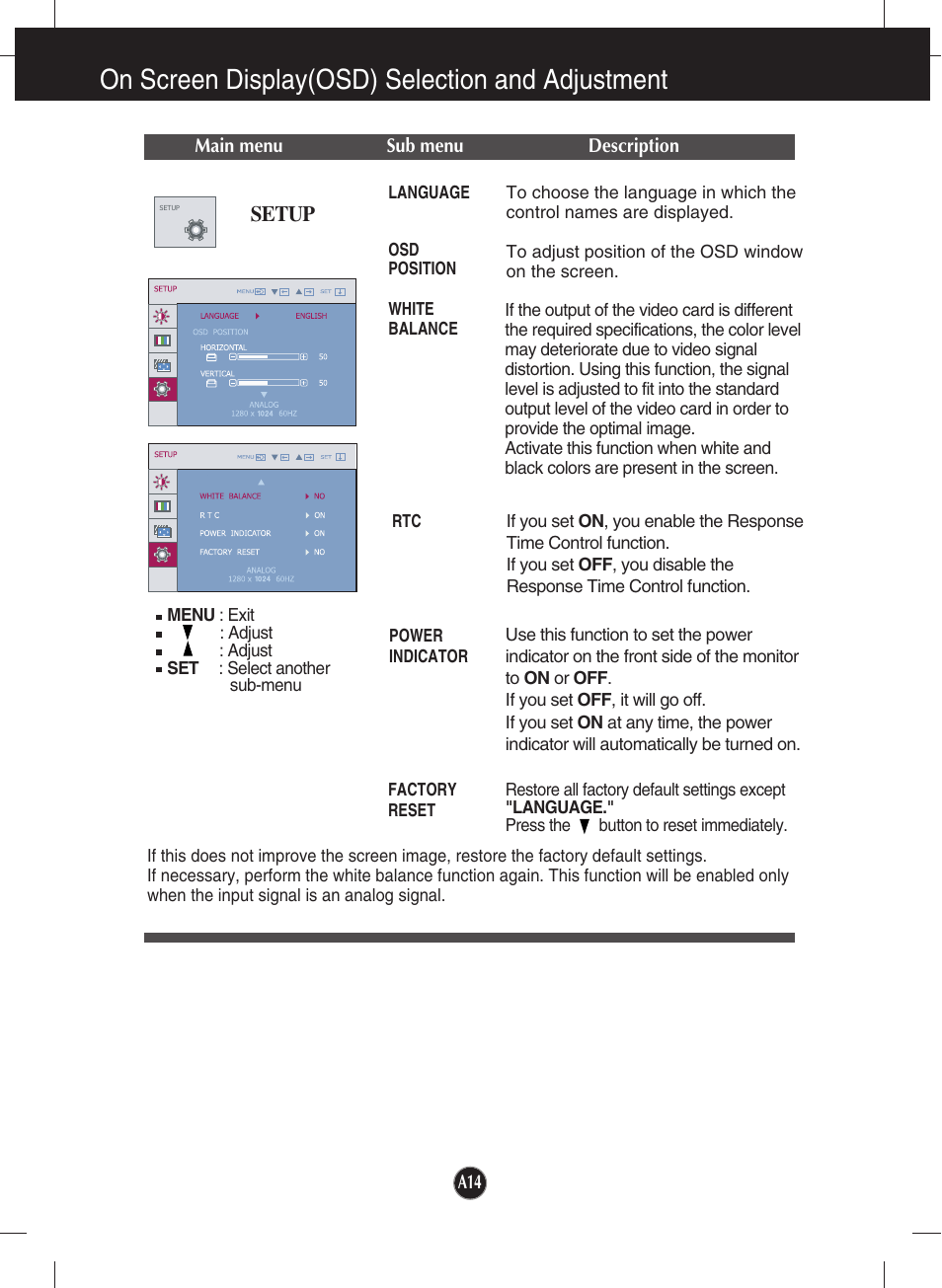 Setup, On screen display(osd) selection and adjustment | LG W1942TQ-BF User Manual | Page 15 / 25