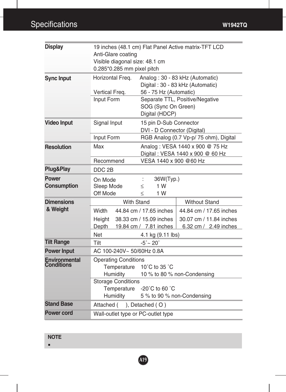 Specifications, W1942tq | LG W1942TQ-BF User Manual | Page 20 / 25