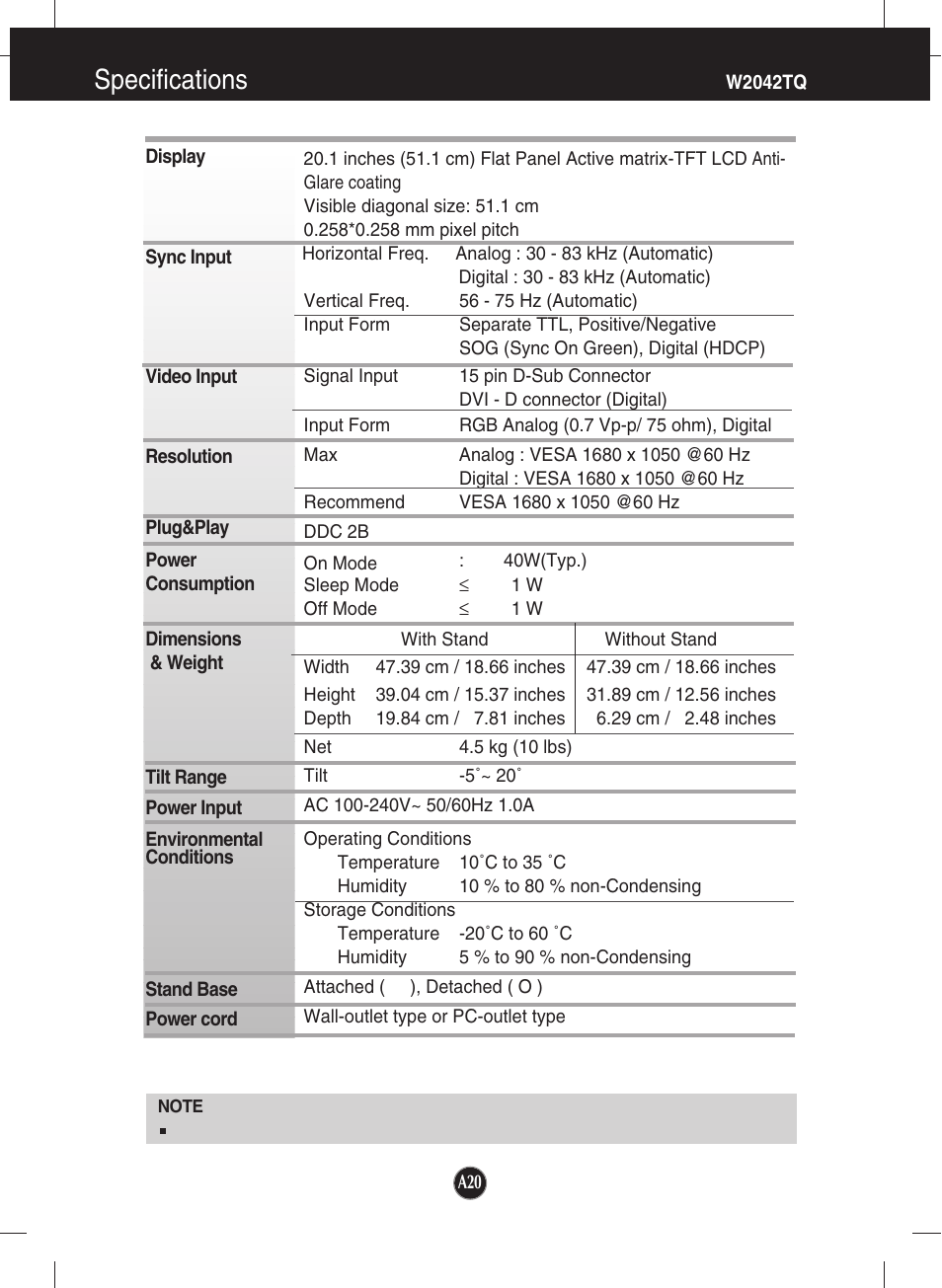 W2042tq, Specifications | LG W1942TQ-BF User Manual | Page 21 / 25