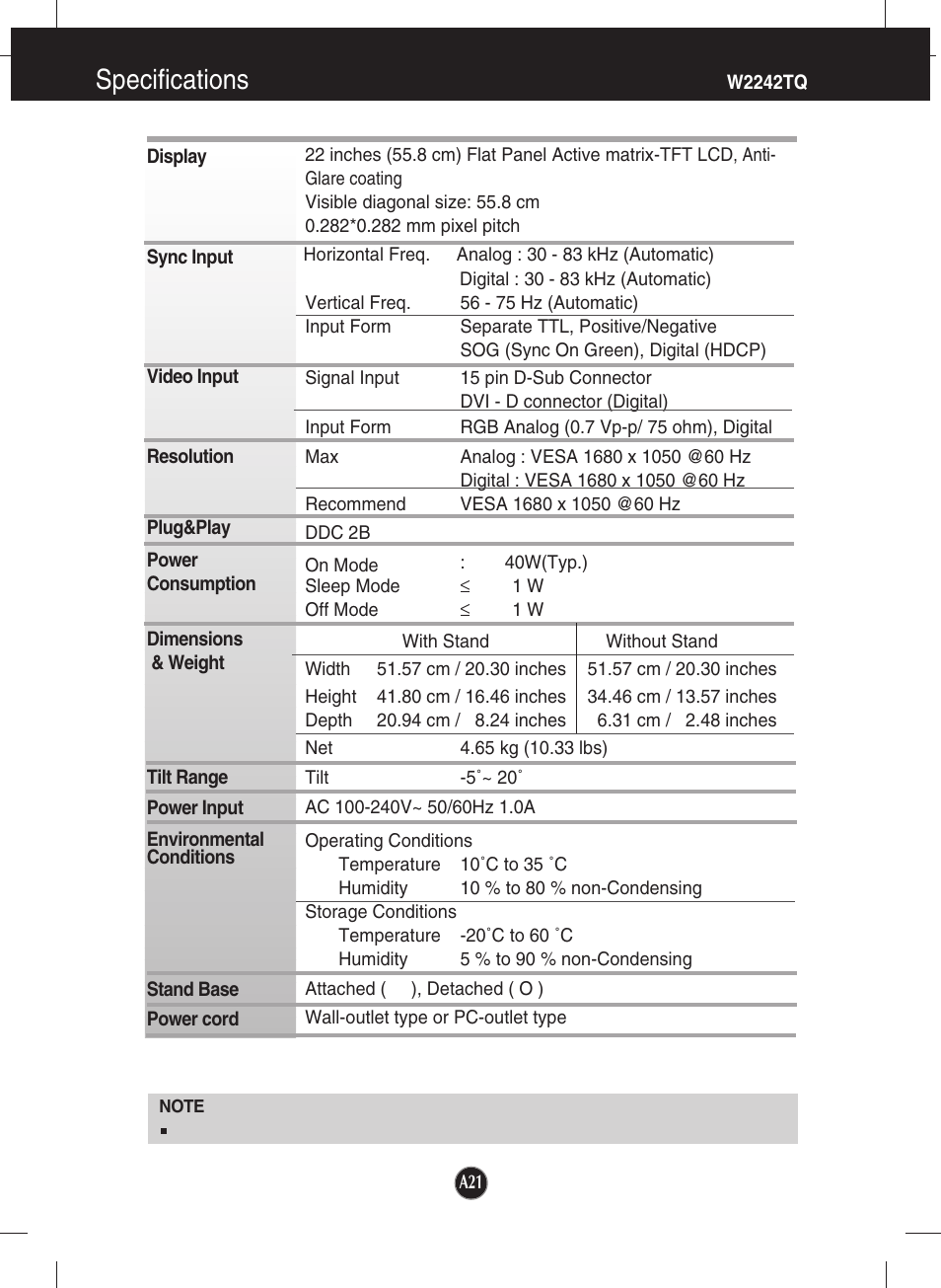 W2242tq, Specifications | LG W1942TQ-BF User Manual | Page 22 / 25