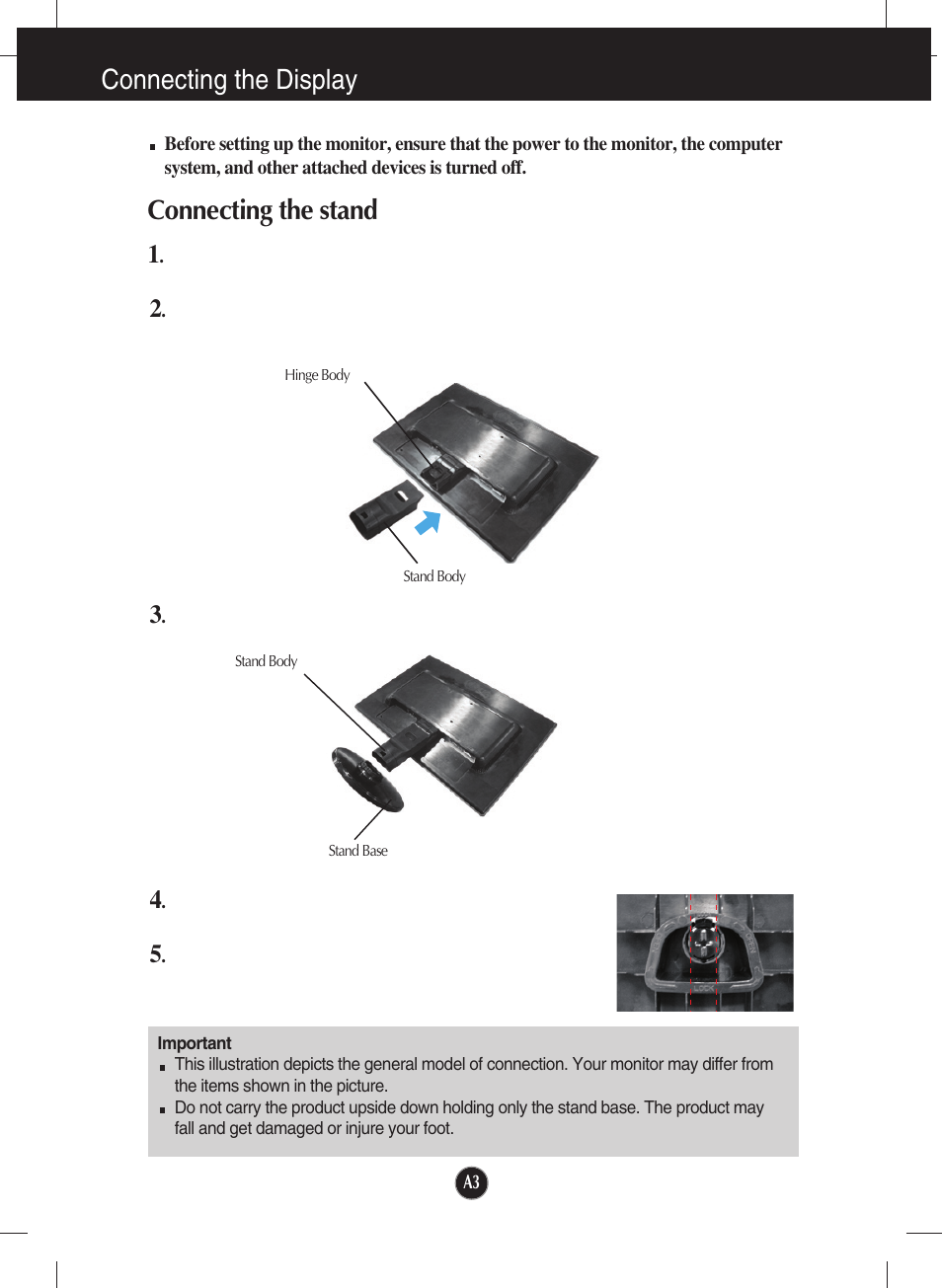 Connecting the display, Connecting the stand | LG W1942TQ-BF User Manual | Page 4 / 25