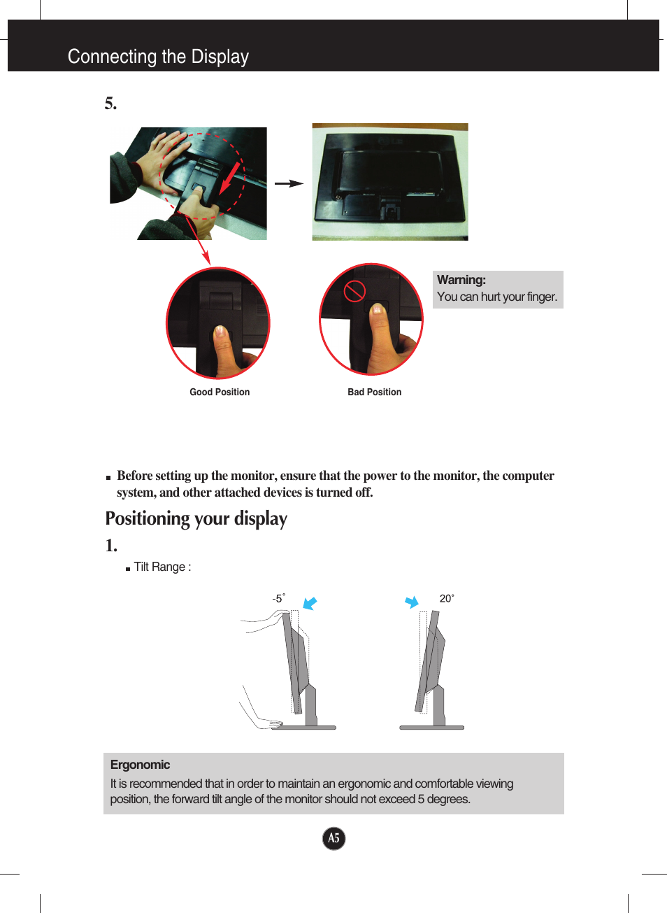 Positioning your display, Connecting the display | LG W1942TQ-BF User Manual | Page 6 / 25