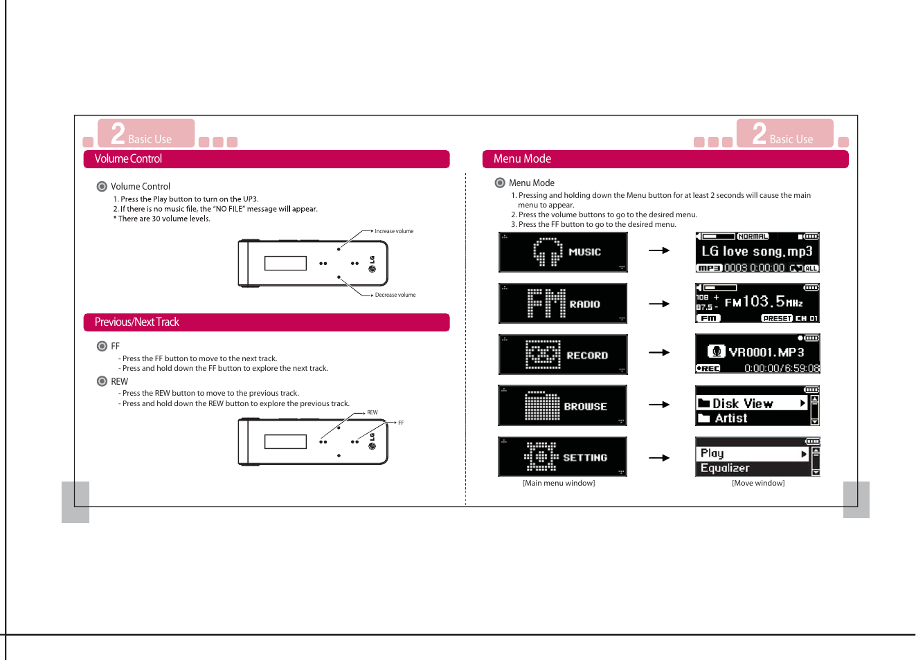Basic use, Volume control, Previous/next track | Menu mode | LG PS34GNGB.AES2STD User Manual | Page 12 / 23