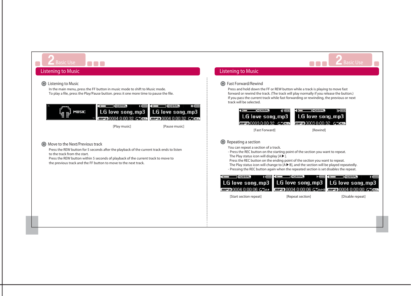 Listening to music, Basic use | LG PS34GNGB.AES2STD User Manual | Page 13 / 23