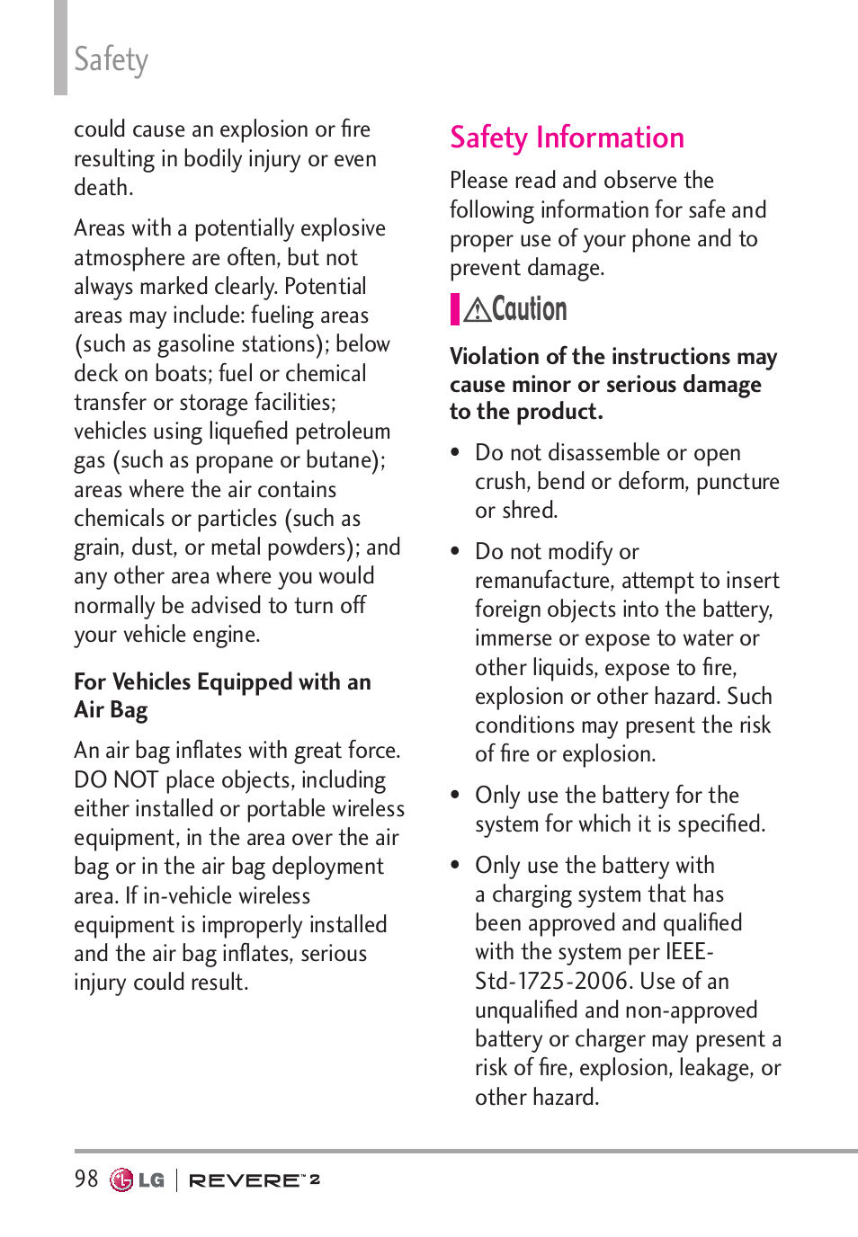 Safety, Safety information, Caution | LG LGVN150S User Manual | Page 100 / 274