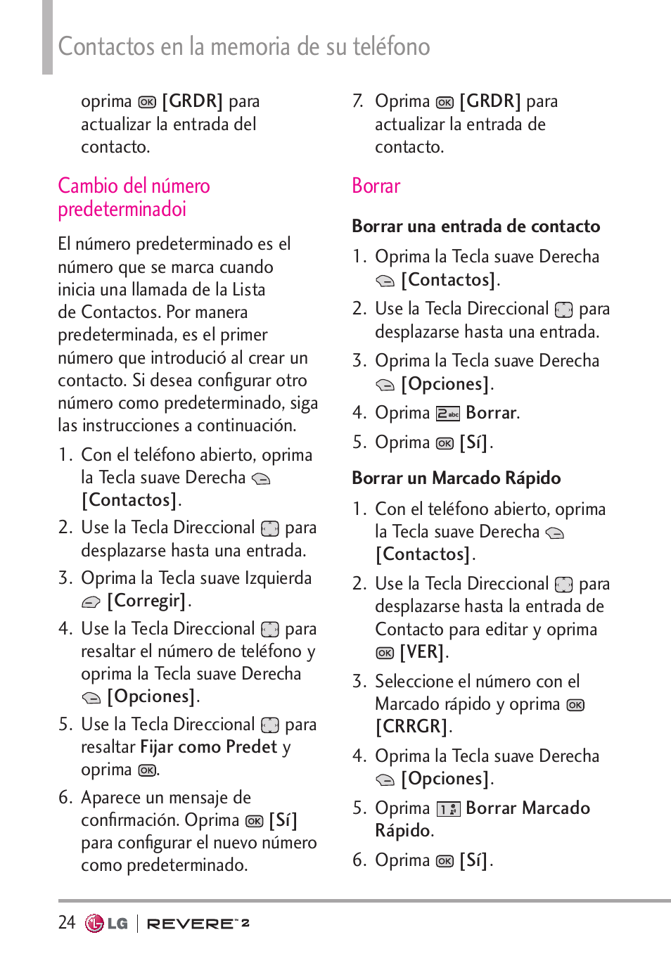 Cambio del número predeterminadoi, Borrar | LG LGVN150S User Manual | Page 154 / 274