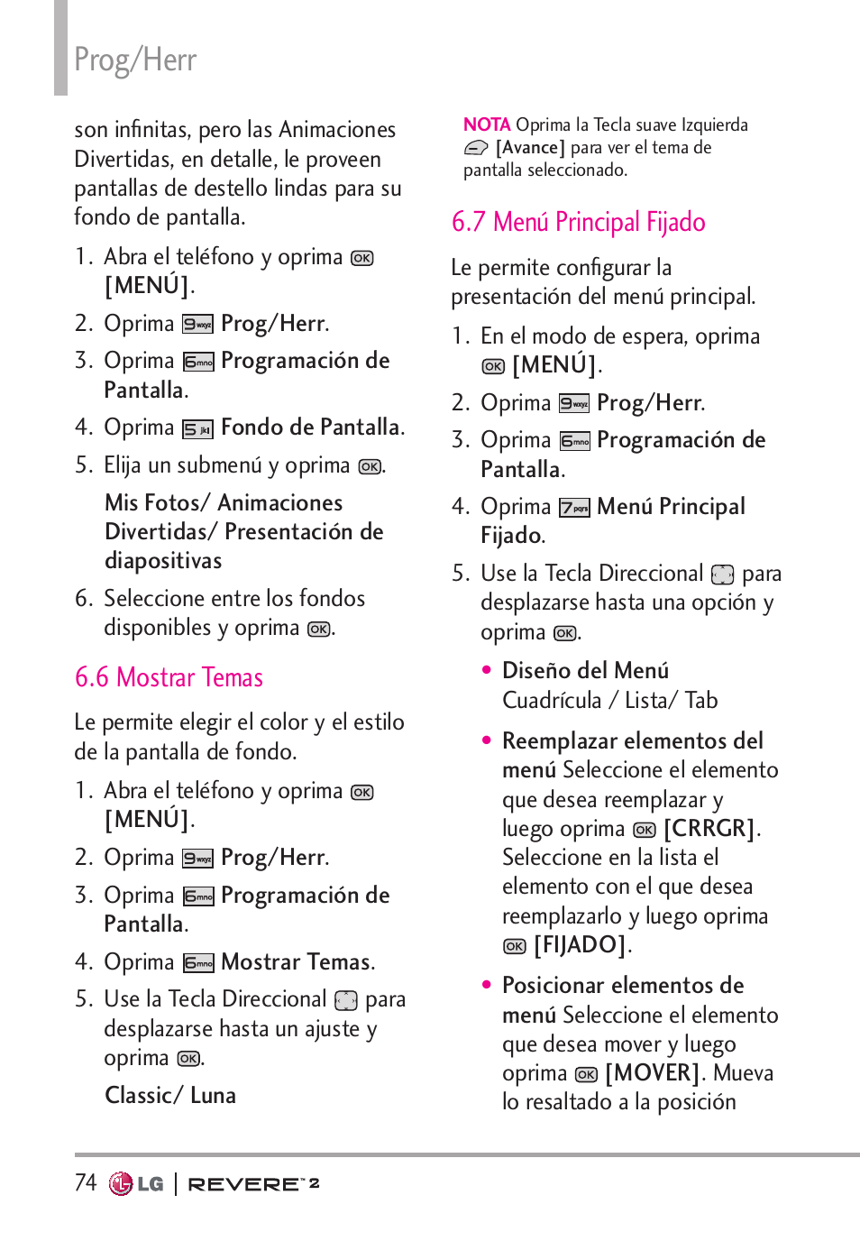 Prog/herr, 6 mostrar temas, 7 menú principal fijado | LG LGVN150S User Manual | Page 204 / 274