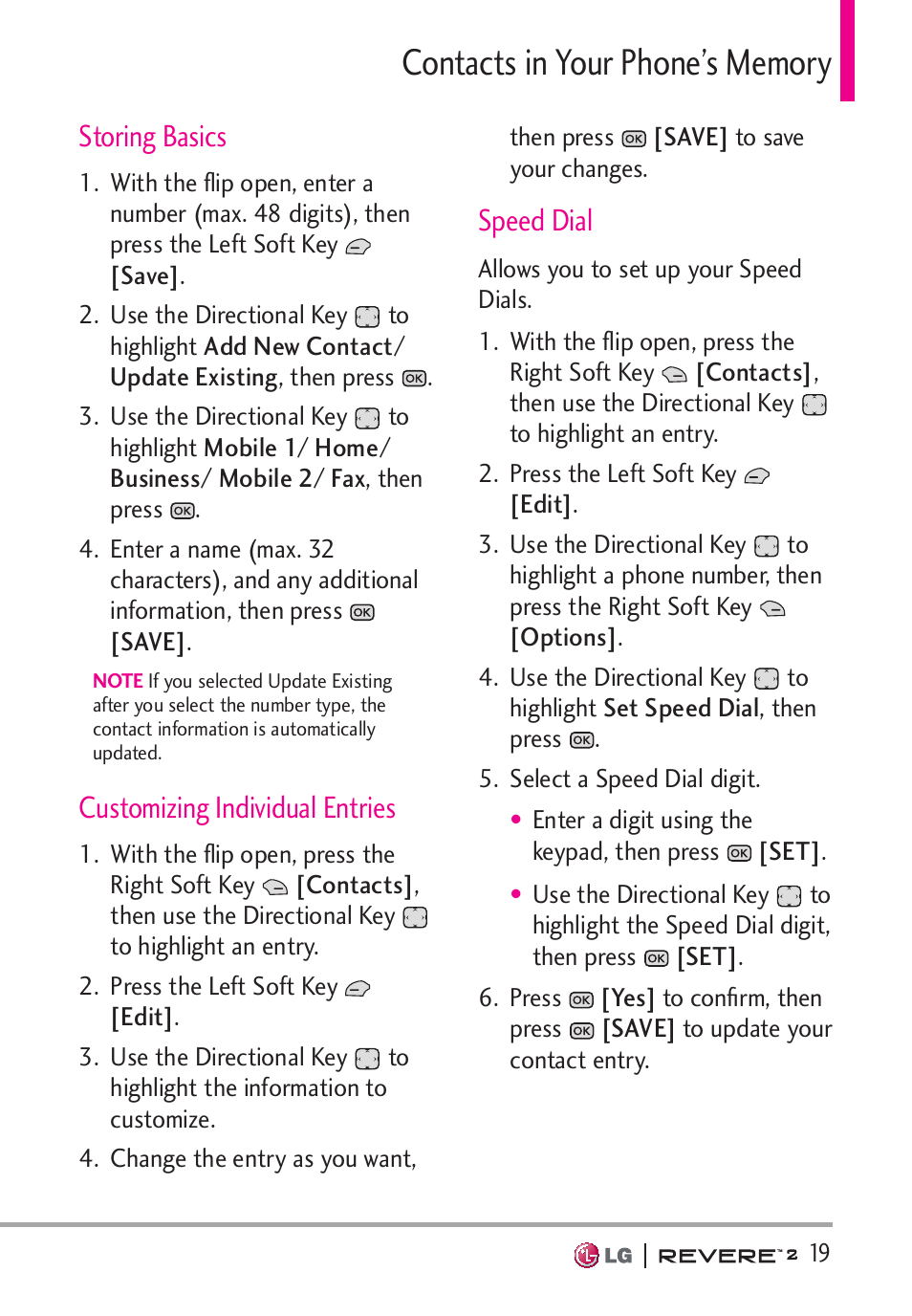 Storing basics, Customizing individual entries, Speed dial | LG LGVN150S User Manual | Page 21 / 274