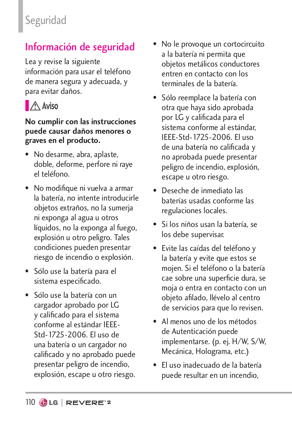 Seguridad, Información de seguridad | LG LGVN150S User Manual | Page 240 / 274