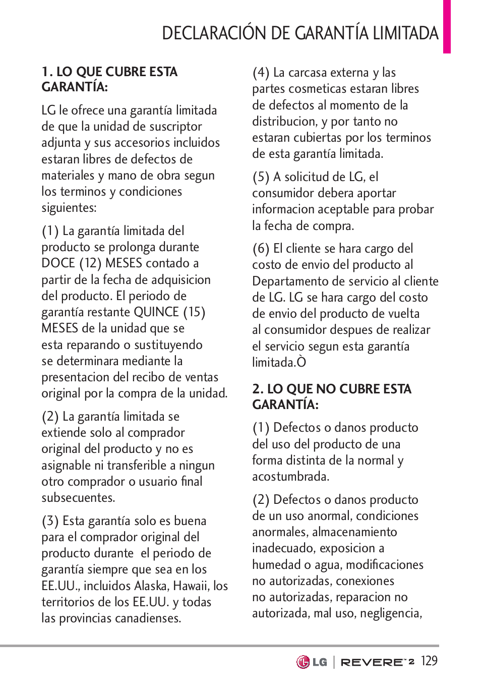 Declaración de garantía limitada | LG LGVN150S User Manual | Page 259 / 274