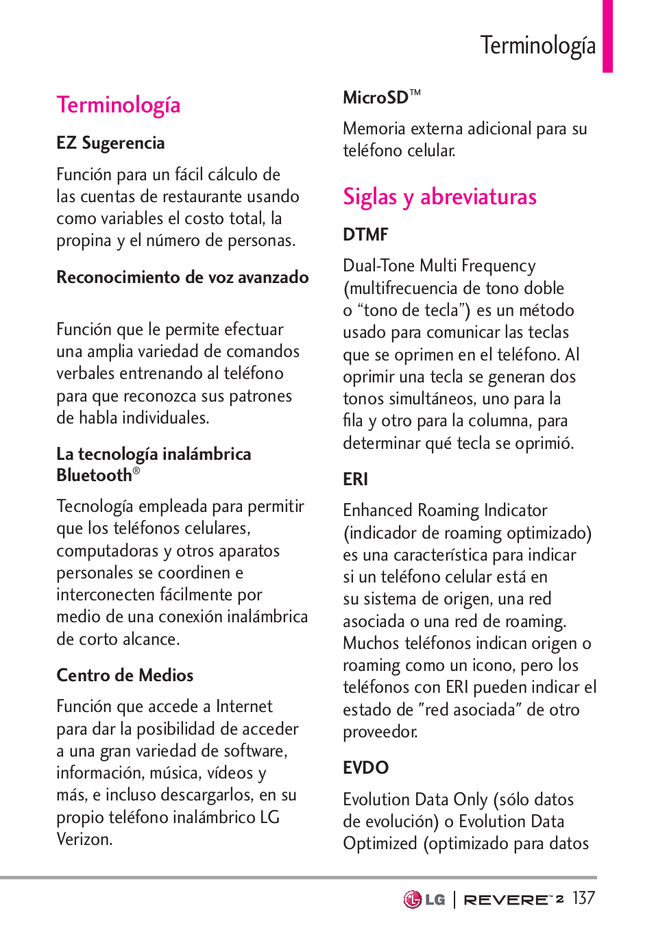 Terminología, Siglas y abreviaturas | LG LGVN150S User Manual | Page 267 / 274