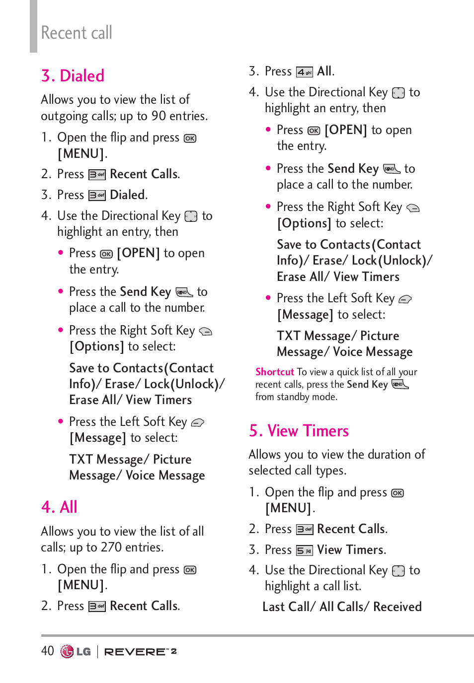 Recent call, Dialed, View timers | LG LGVN150S User Manual | Page 42 / 274