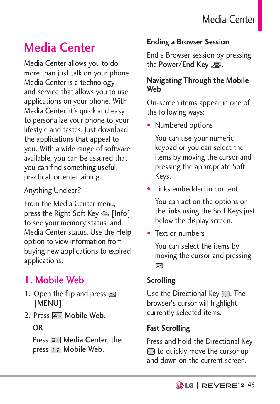 Media center, Mobile web | LG LGVN150S User Manual | Page 45 / 274