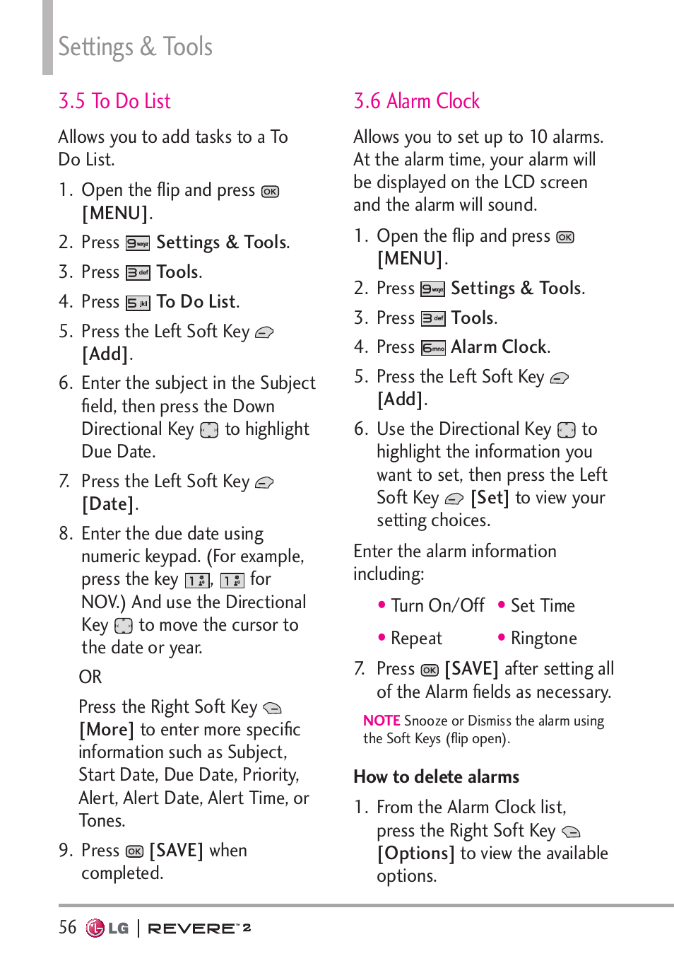 Settings & tools, 5 to do list, 6 alarm clock | LG LGVN150S User Manual | Page 58 / 274