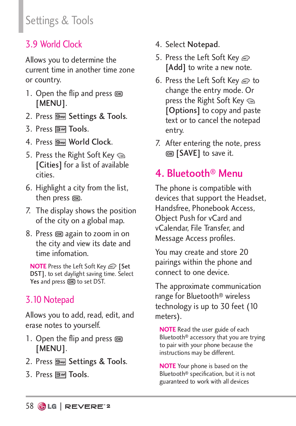 Settings & tools, Bluetooth, Menu | 9 world clock | LG LGVN150S User Manual | Page 60 / 274