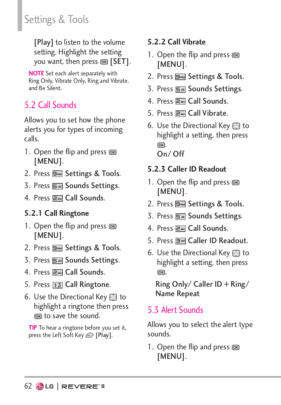 Settings & tools, 2 call sounds, 3 alert sounds | LG LGVN150S User Manual | Page 64 / 274