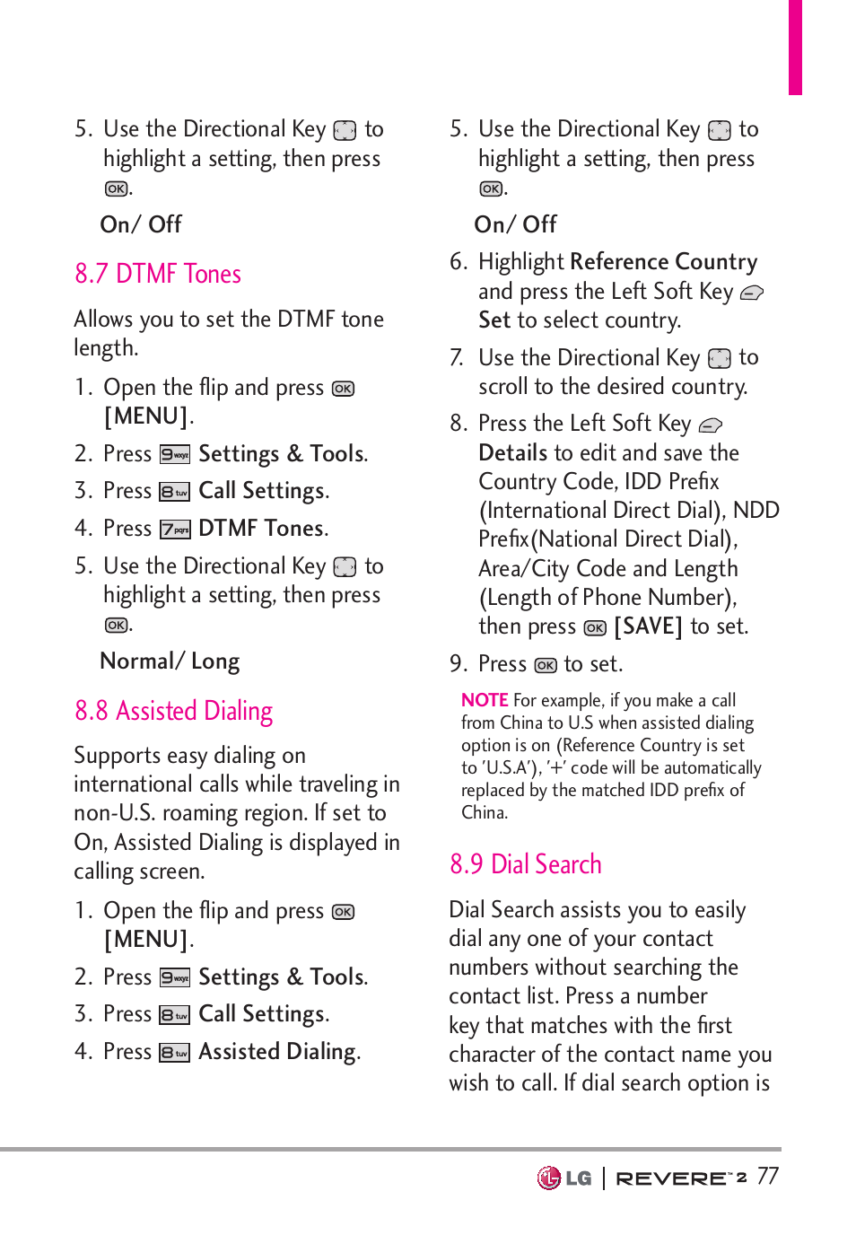 7 dtmf tones, 8 assisted dialing, 9 dial search | LG LGVN150S User Manual | Page 79 / 274