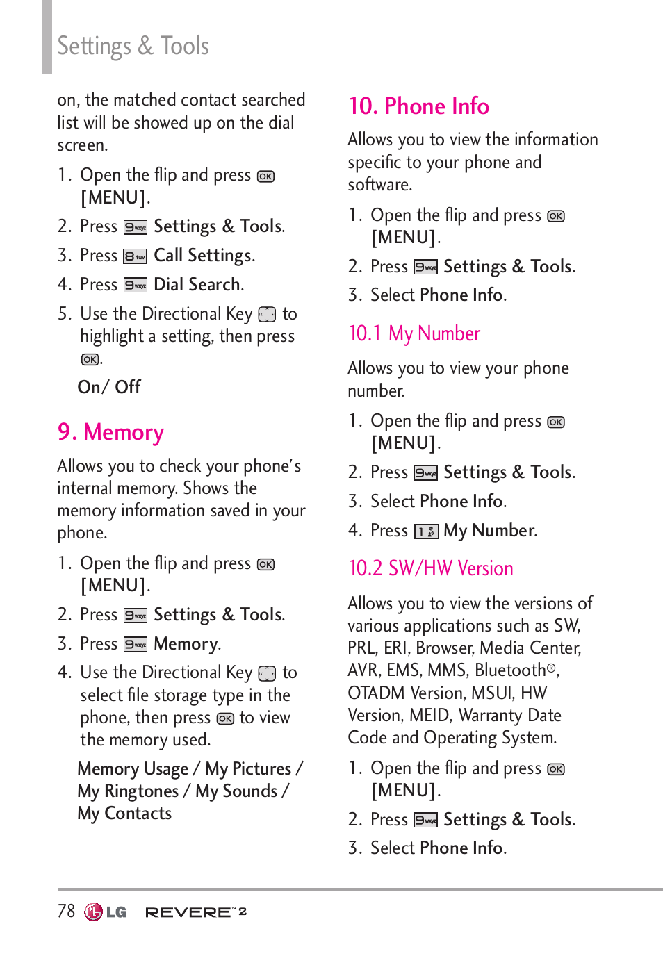 Settings & tools, Phone info, 1 my number | 2 sw/hw version | LG LGVN150S User Manual | Page 80 / 274