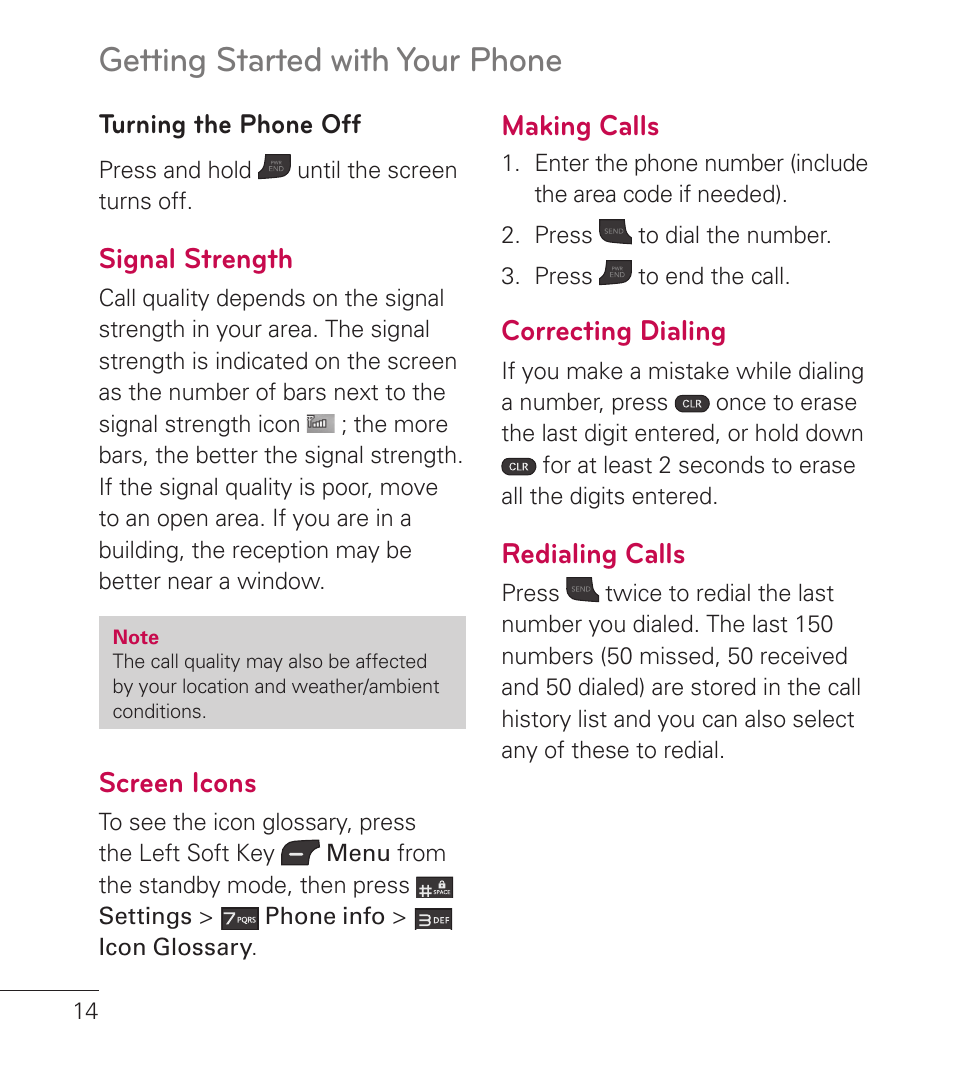Signal strength, Screen icons, Making calls | Correcting dialing, Redialing calls, Getting started with your phone | LG LG236C User Manual | Page 16 / 64