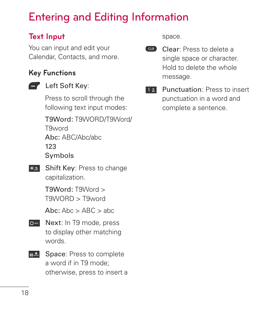 Text input, Entering and editing information | LG LG236C User Manual | Page 20 / 64