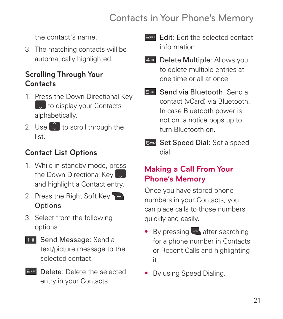 Making a call from your phone’s memory, Making a call from your phone’s, Memory | LG LG236C User Manual | Page 23 / 64