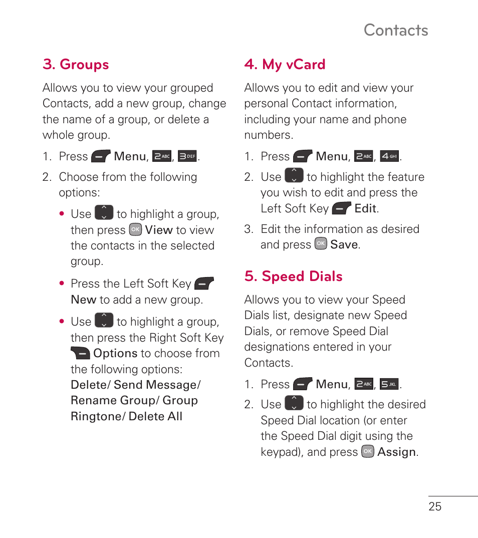 Groups, My vcard, Speed dials | Contacts | LG LG236C User Manual | Page 27 / 64