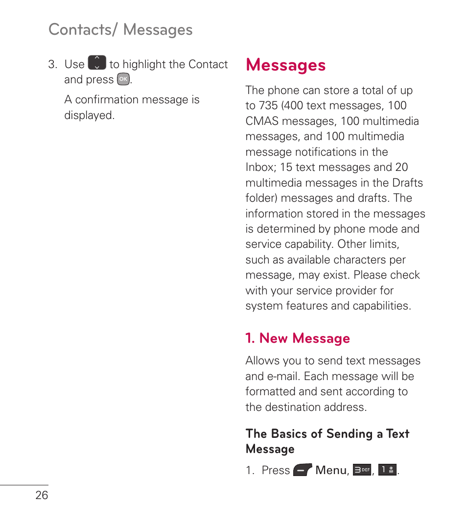 Messages, New message, Messages 26 | Contacts/ messages | LG LG236C User Manual | Page 28 / 64