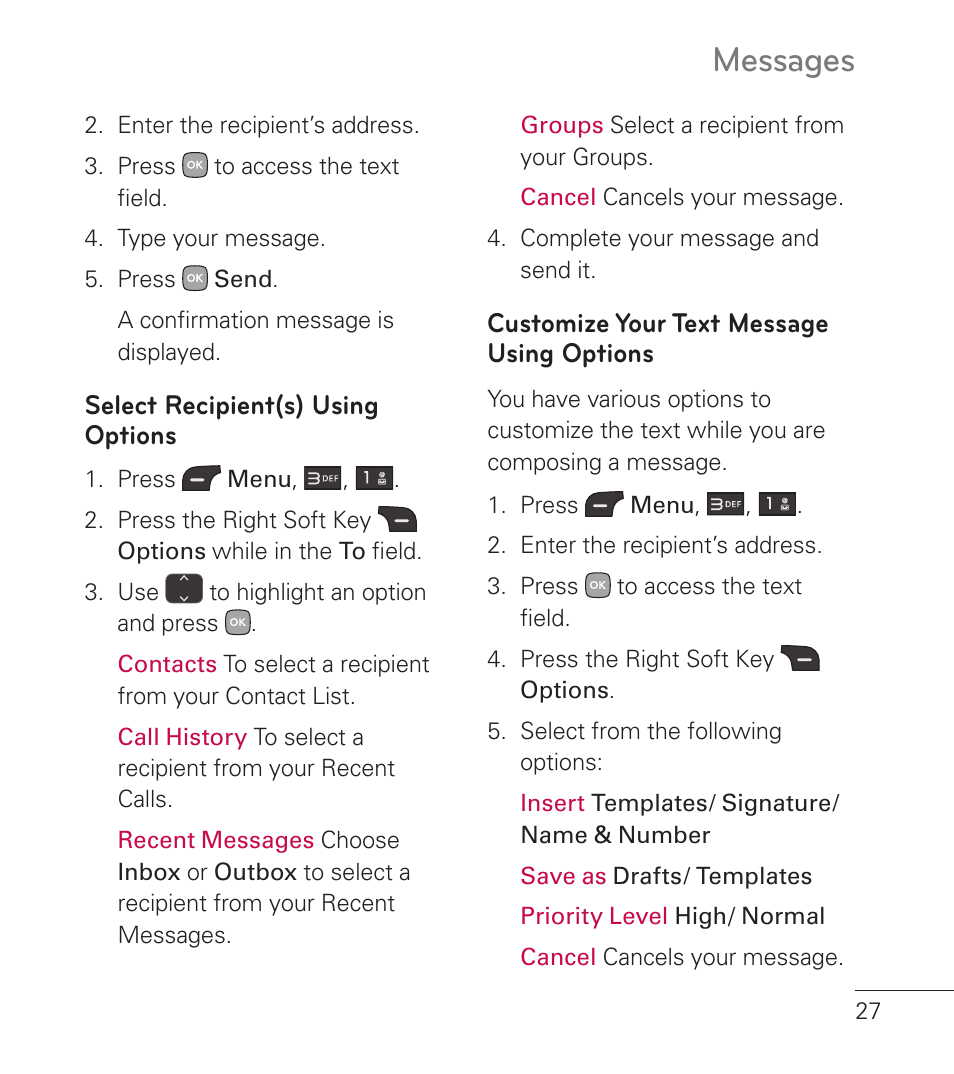 Messages, Select recipient(s) using options, Customize your text message using options | LG LG236C User Manual | Page 29 / 64