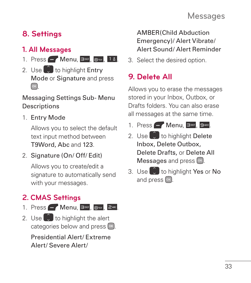 Settings, All messages, Cmas settings | Delete all, Messages | LG LG236C User Manual | Page 35 / 64