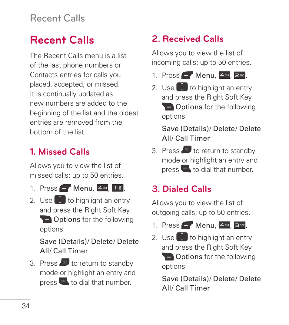 Recent calls, Missed calls, Received calls | Dialed calls | LG LG236C User Manual | Page 36 / 64