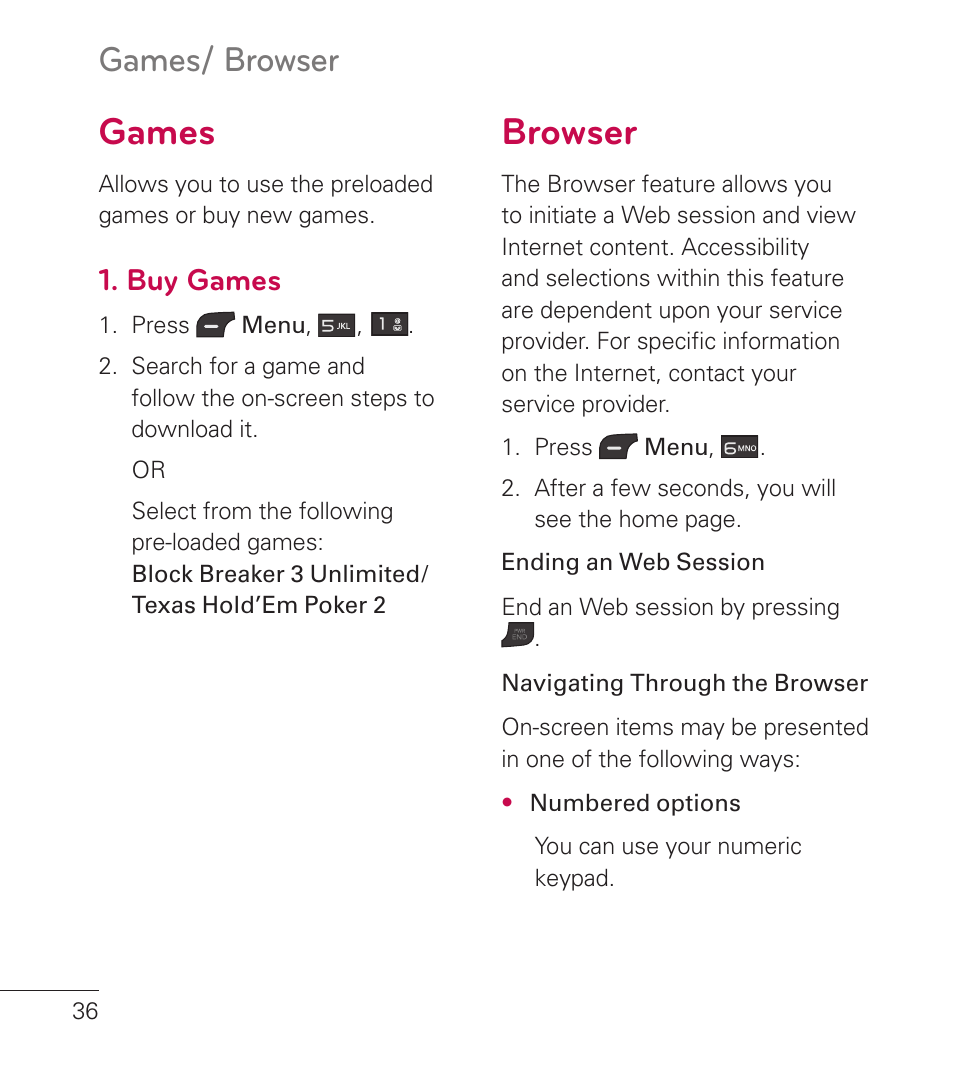 Games, Buy games, Browser | Games 36, Browser 36, Games/ browser | LG LG236C User Manual | Page 38 / 64