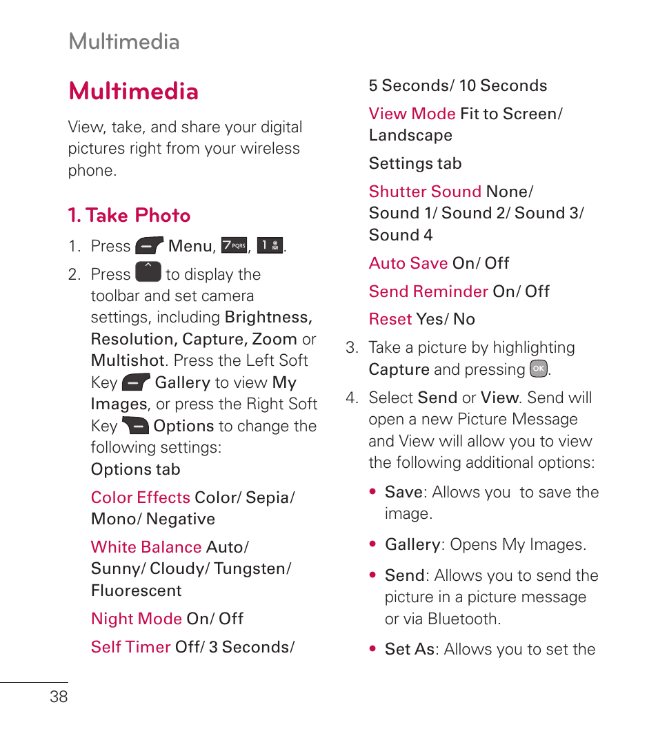 Multimedia, Take photo, Multimedia 38 | LG LG236C User Manual | Page 40 / 64