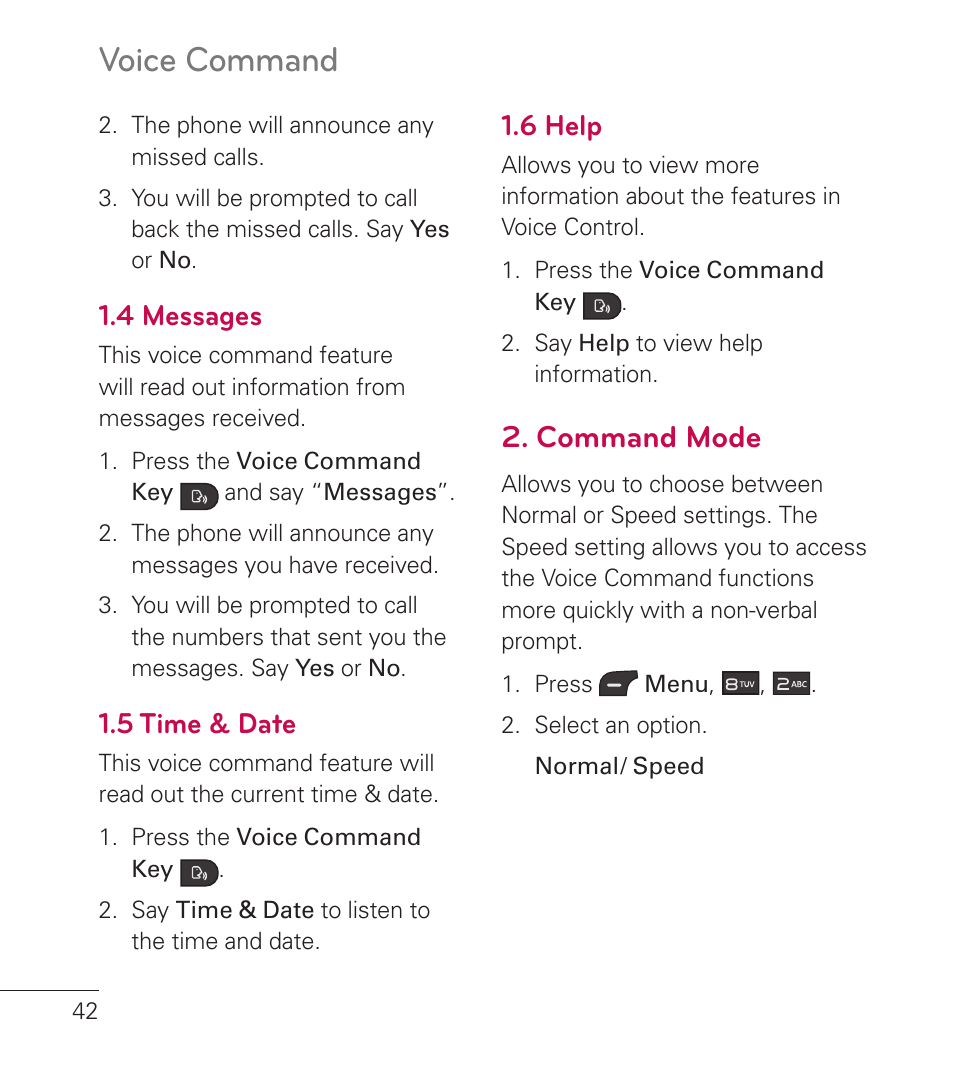 4 messages, 5 time & date, 6 help | Command mode, Voice command | LG LG236C User Manual | Page 44 / 64