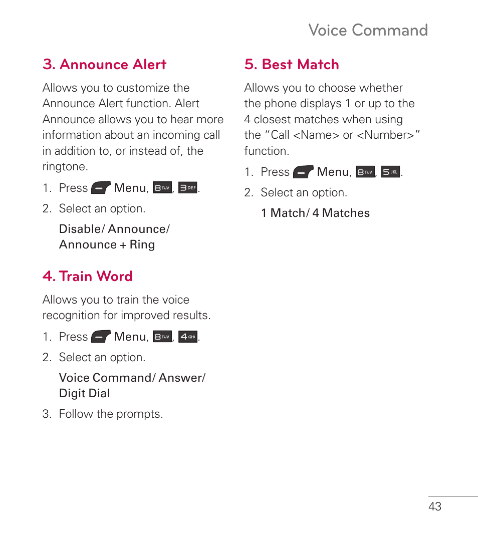 Announce alert, Train word, Best match | Voice command | LG LG236C User Manual | Page 45 / 64