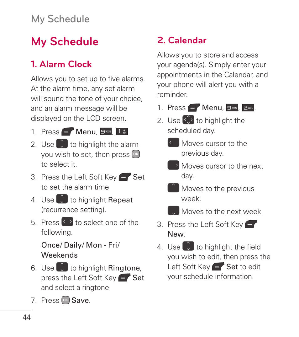 My schedule, Alarm clock, Calendar | LG LG236C User Manual | Page 46 / 64