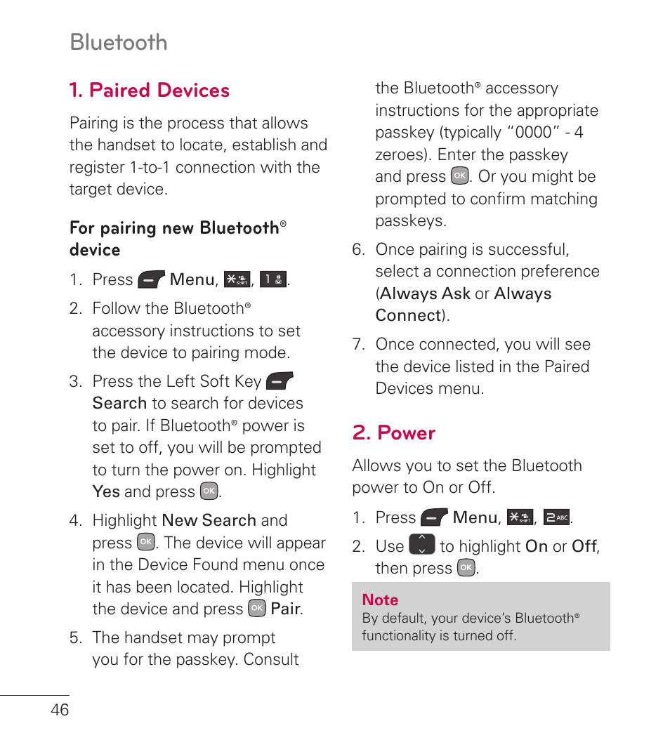 Paired devices, Power, Bluetooth | LG LG236C User Manual | Page 48 / 64