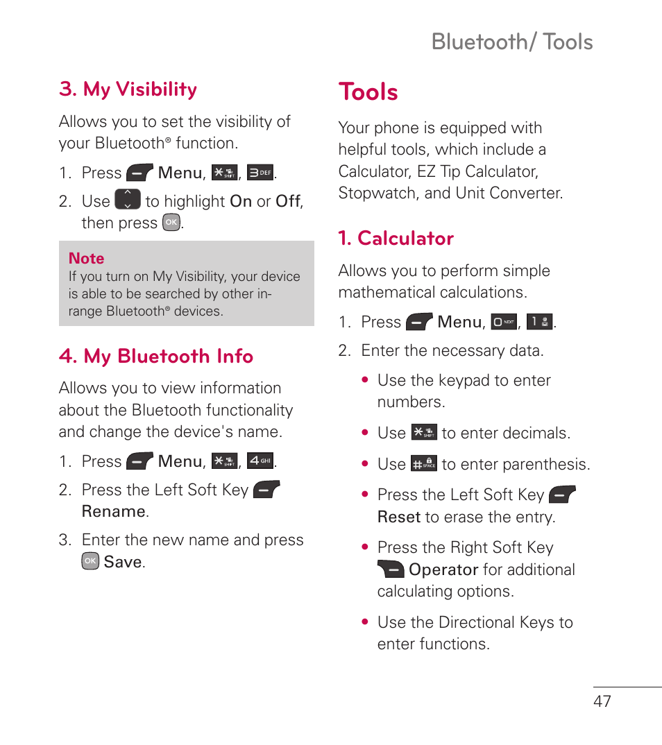 My visibility, My bluetooth info, Tools | Calculator, Tools 47, Bluetooth/ tools | LG LG236C User Manual | Page 49 / 64